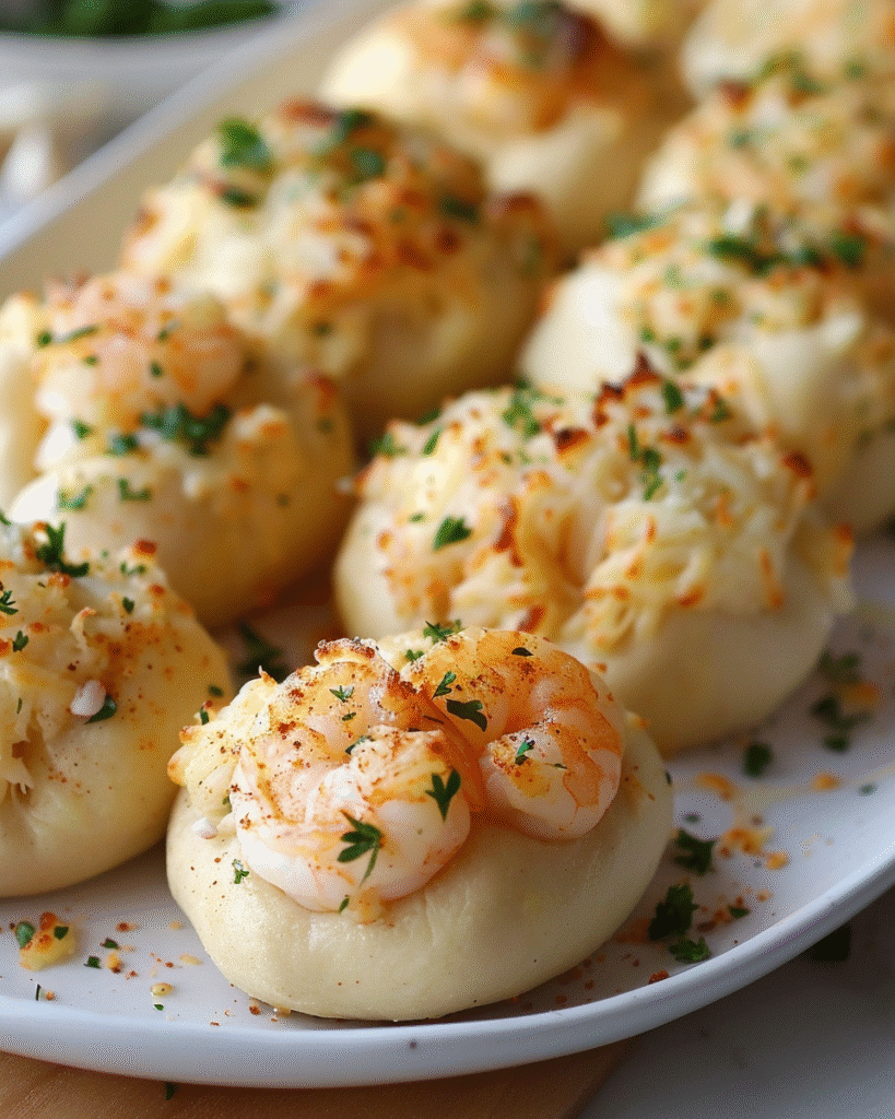 Soft, steamed bread buns topped with shrimp and crab, garnished with herbs and light seasoning on a white serving plate.