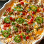 Creamy Texas-style dip with ground beef, melted cheese, diced tomatoes, jalapeño slices, and fresh herbs in a white baking dish.