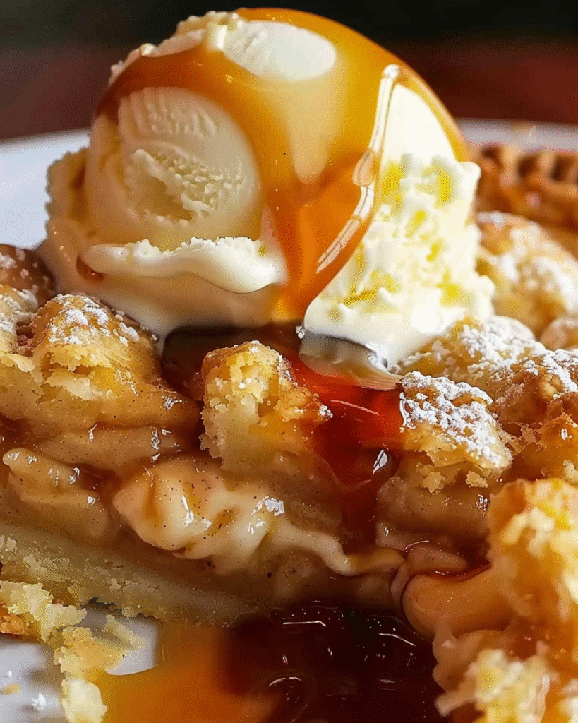 Close-up of a warm apple crumb dessert topped with vanilla ice cream and a drizzle of caramel sauce.