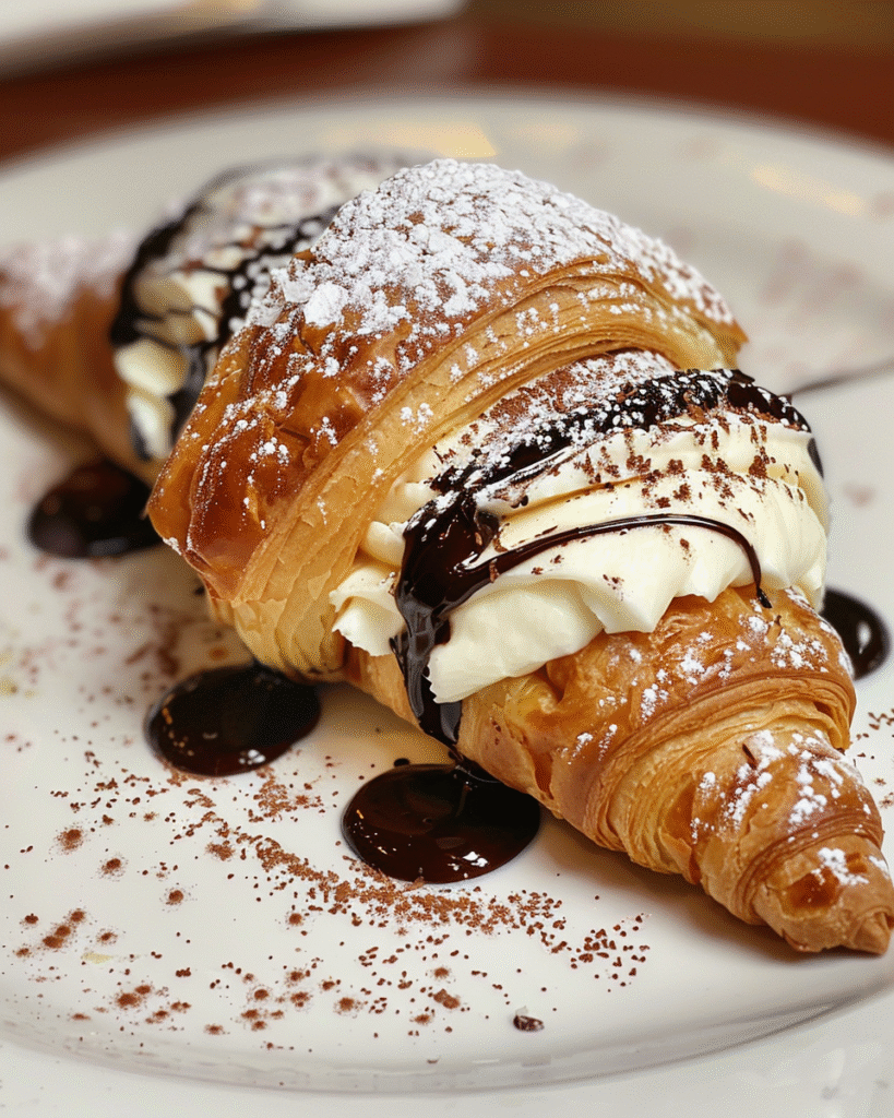 Flaky croissant filled with vanilla cream, dusted with powdered sugar, and drizzled with chocolate sauce, served on a plate with chocolate garnishes.