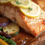 Cedar plank grilled salmon topped with lemon slices and fresh thyme, served with roasted vegetables including zucchini, asparagus, and red onion.