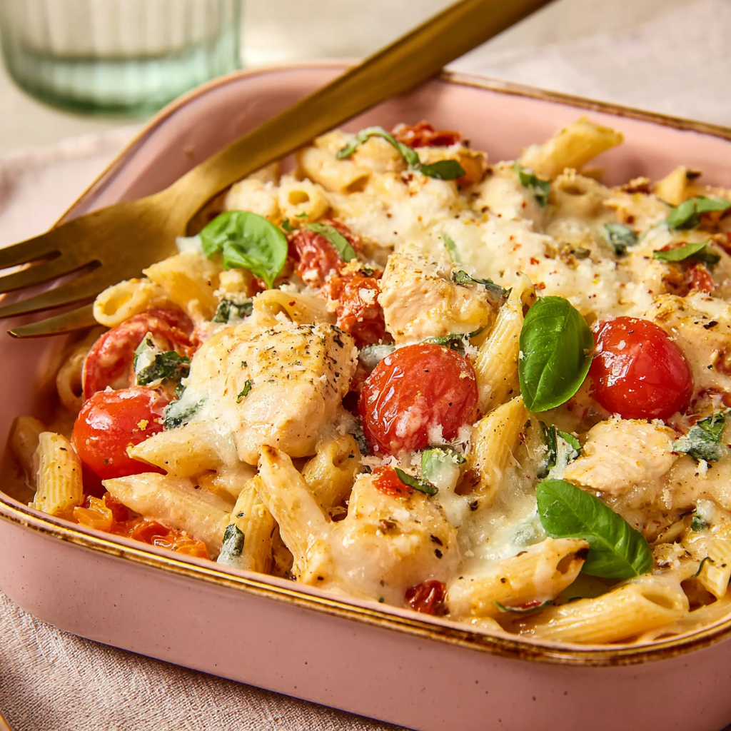 Baked penne pasta with chicken, cherry tomatoes, melted cheese, and fresh basil served in a pink dish with a golden fork.