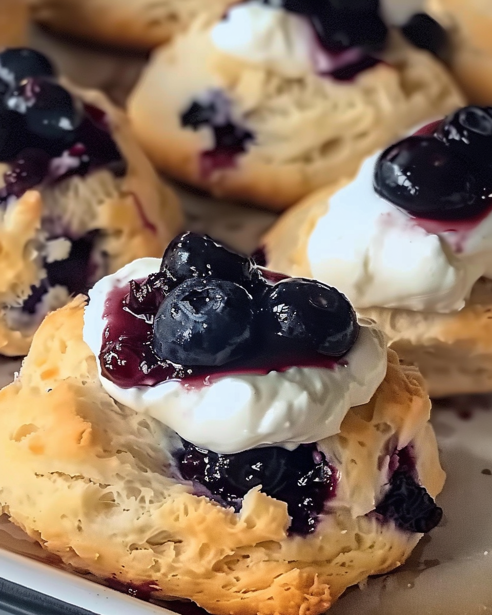 Freshly baked scones topped with whipped cream and whole blueberries in a juicy blueberry compote.