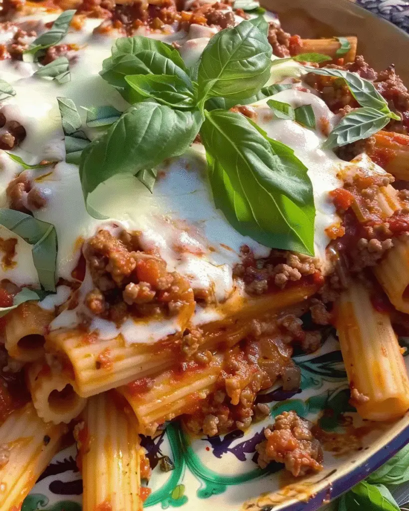 Close-up of rigatoni baked with ground meat sauce, melted mozzarella, creamy ricotta, and chopped basil, topped with fresh basil leaves.