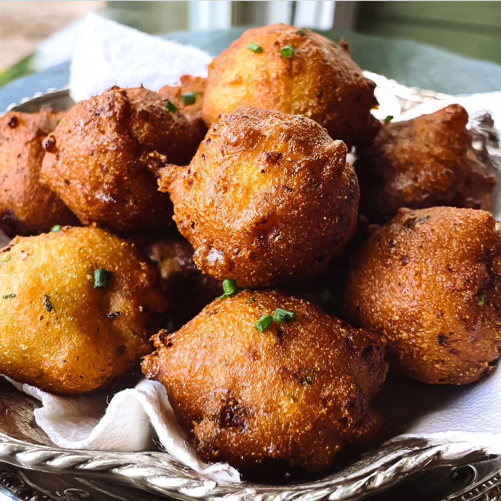 Golden-brown homemade hush puppies served in a silver dish lined with a paper towel, garnished with chopped chives.