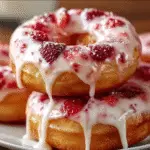 Stack of strawberry cheesecake donuts topped with creamy glaze, fresh strawberry pieces, and a dusting of powdered sugar.