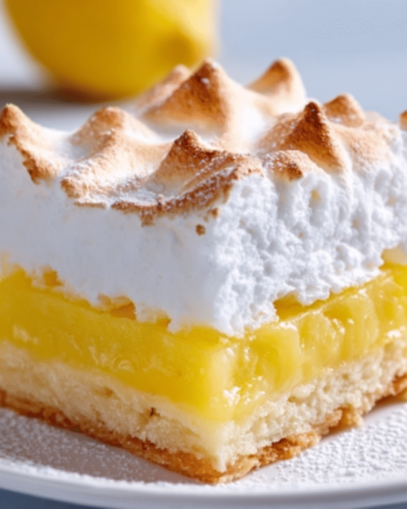 A slice of lemon meringue pie bar with buttery shortbread crust, bright lemon curd filling, and fluffy toasted meringue topping, dusted with powdered sugar.