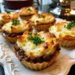 Close-up of individual mini cottage pies topped with golden mashed potatoes and garnished with parsley, served on an elegant white platter.