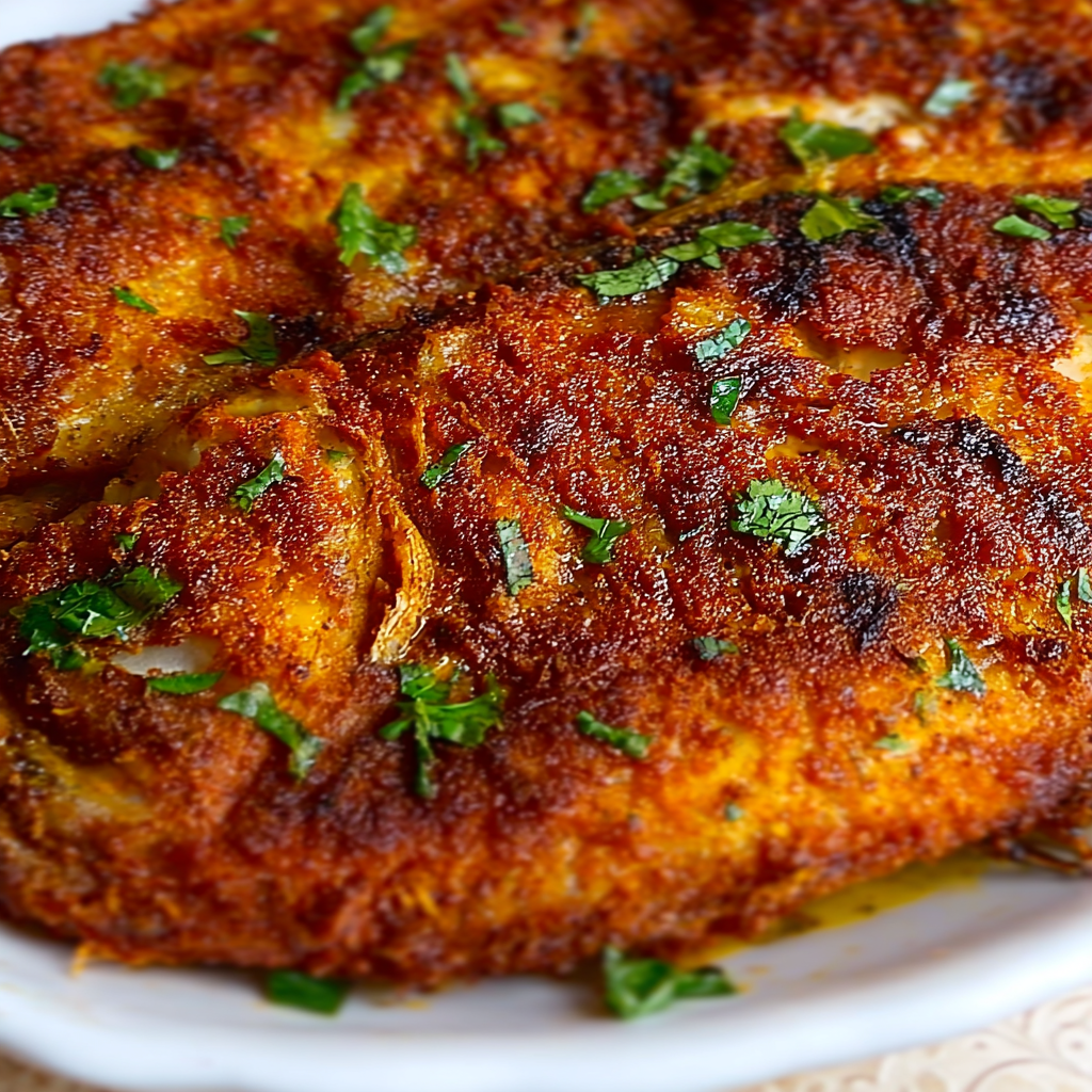 Whole Andhra-style ghee-roasted fish fry with a spicy, golden crust, served on a white plate and garnished with fresh coriander.
