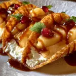 Apple cheesecake dessert tacos with crispy cinnamon shells, filled with creamy cheesecake, caramelized apple slices, pomegranate seeds, and fresh mint leaves.