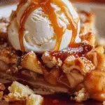 Close-up of a warm apple crumb bar topped with a scoop of vanilla ice cream and drizzled with caramel sauce.