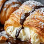 Close-up of a flaky croissant loaf filled with creamy vanilla custard, topped with powdered sugar and drizzled with rich chocolate ganache.