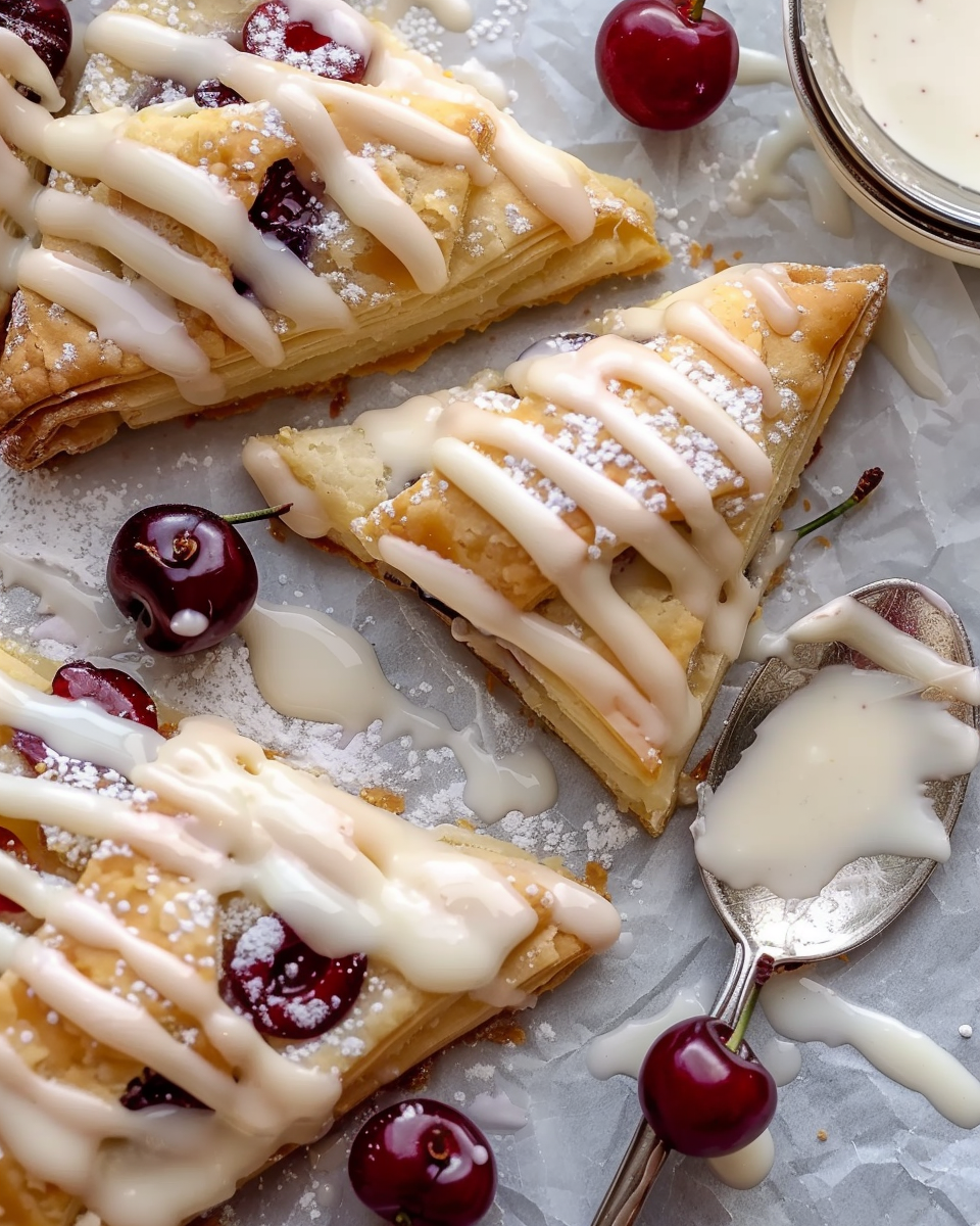Triangular cherry turnovers with flaky pastry layers, drizzled with vanilla glaze and surrounded by fresh cherries and a spoonful of icing on parchment paper.