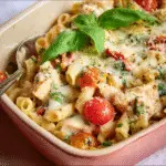 Close-up of creamy baked penne pasta with chicken, cherry tomatoes, melted cheese, and fresh basil served in a pink baking dish.