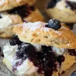 Close-up of a fluffy scone filled with whipped cream and fresh blueberry compote, topped with powdered sugar and a whole blueberry.