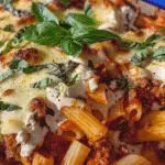 Baked rigatoni with meat sauce and melted cheese in a decorative dish, garnished with fresh basil, captured in natural sunlight.