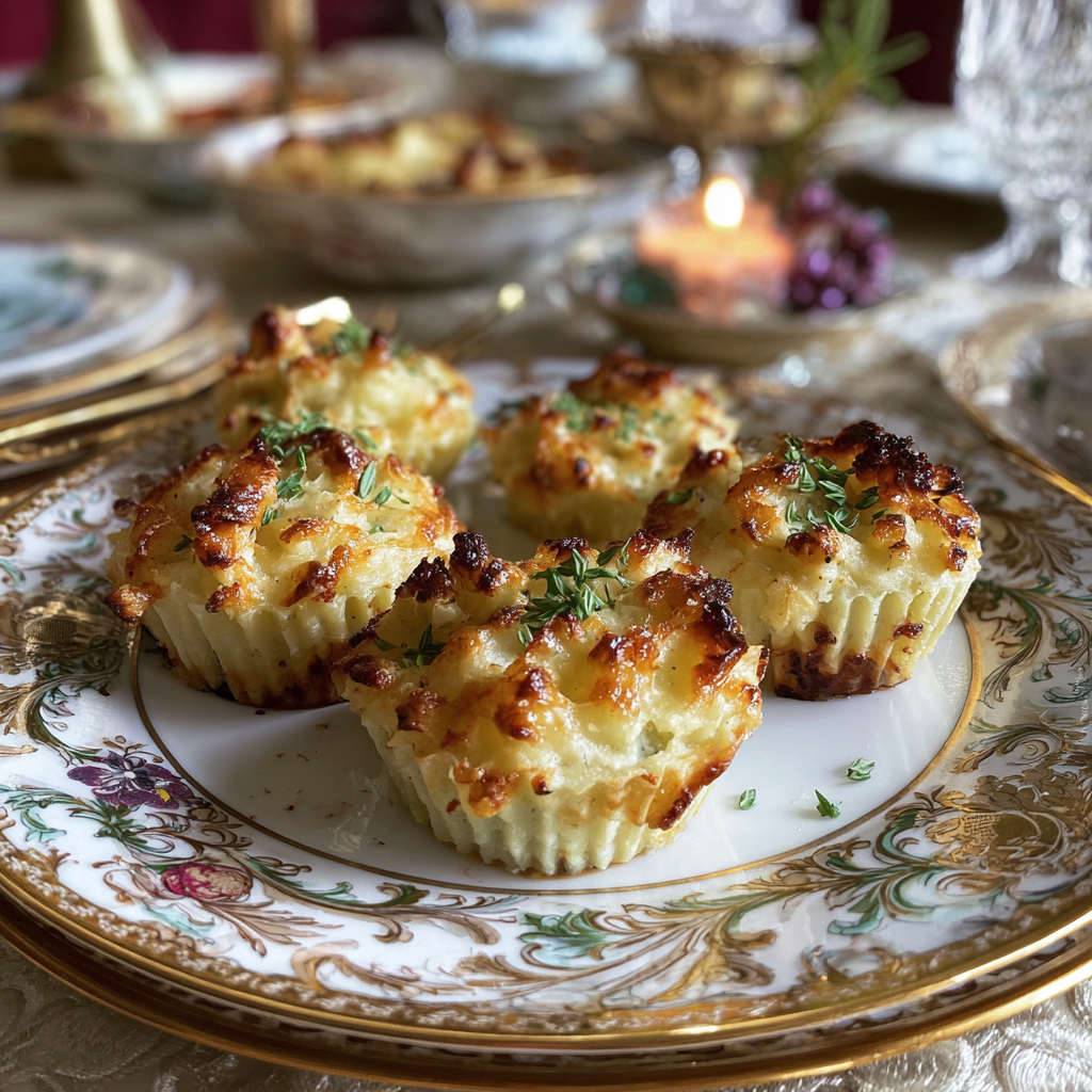 Elegant plate of golden-baked mini cottage pies topped with melted cheese and garnished with fresh herbs, displayed on fine china with a festive table setting in the background.