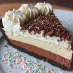 Layered no-bake chocolate espresso cheesecake with chocolate cookie crust, espresso mousse, vanilla cream, whipped topping, chocolate ganache, and colorful sprinkles.