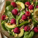 Close-up of a spinach salad with fresh raspberries, sliced avocado, red onion, and chopped walnuts in a glass bowl.