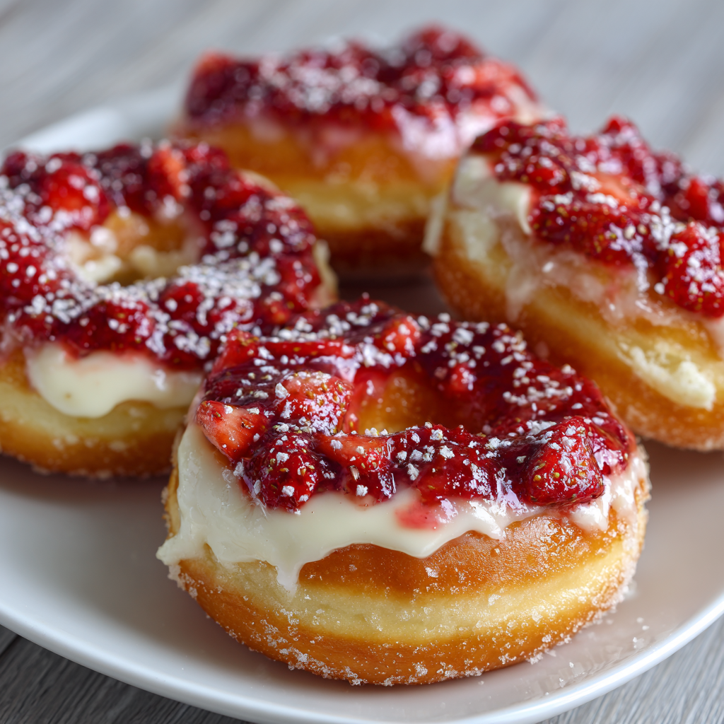 Four golden donuts topped with creamy cheesecake filling, strawberry compote, and a dusting of powdered sugar on a white plate.