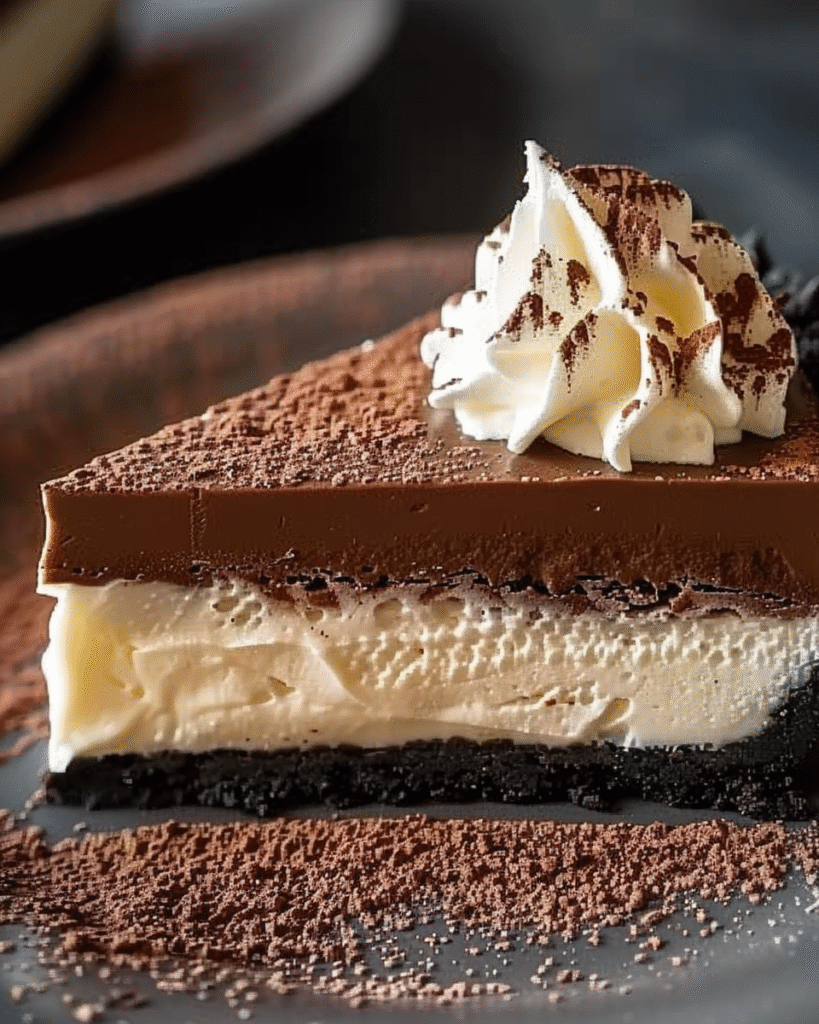 A slice of no-bake chocolate espresso cheesecake with layers of creamy vanilla filling, rich chocolate ganache, and a chocolate cookie crust, topped with whipped cream and dusted with cocoa powder.