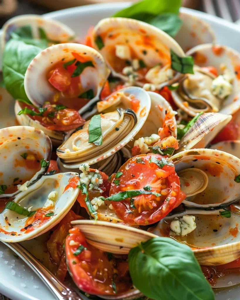 Clams with Tomatoes, Basil, and Blue Cheese Recipe
