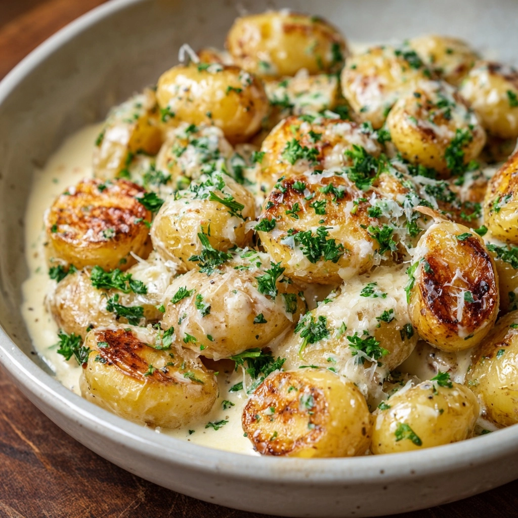 Creamy Garlic Sauce Baby Potatoes Recipe - Recipe Image