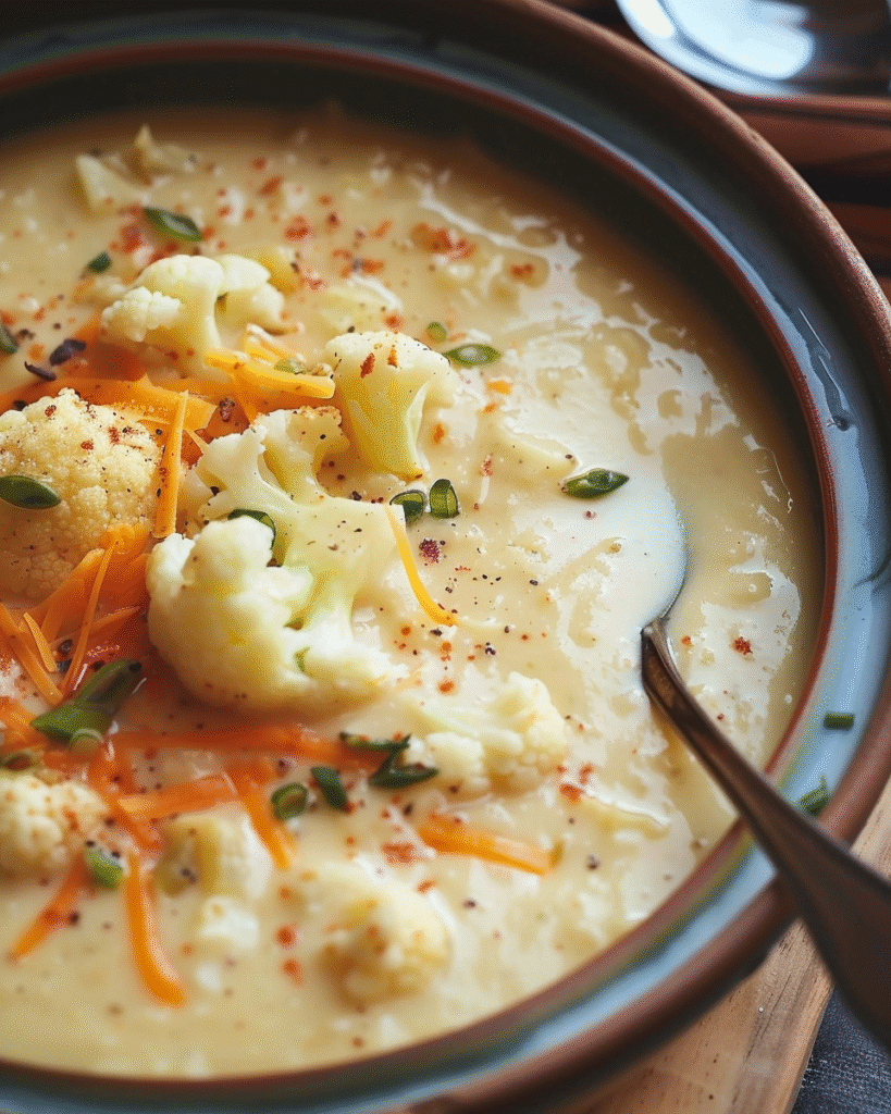 Bowl of creamy cauliflower soup garnished with shredded carrots, cauliflower florets, chopped herbs, and red pepper flakes.