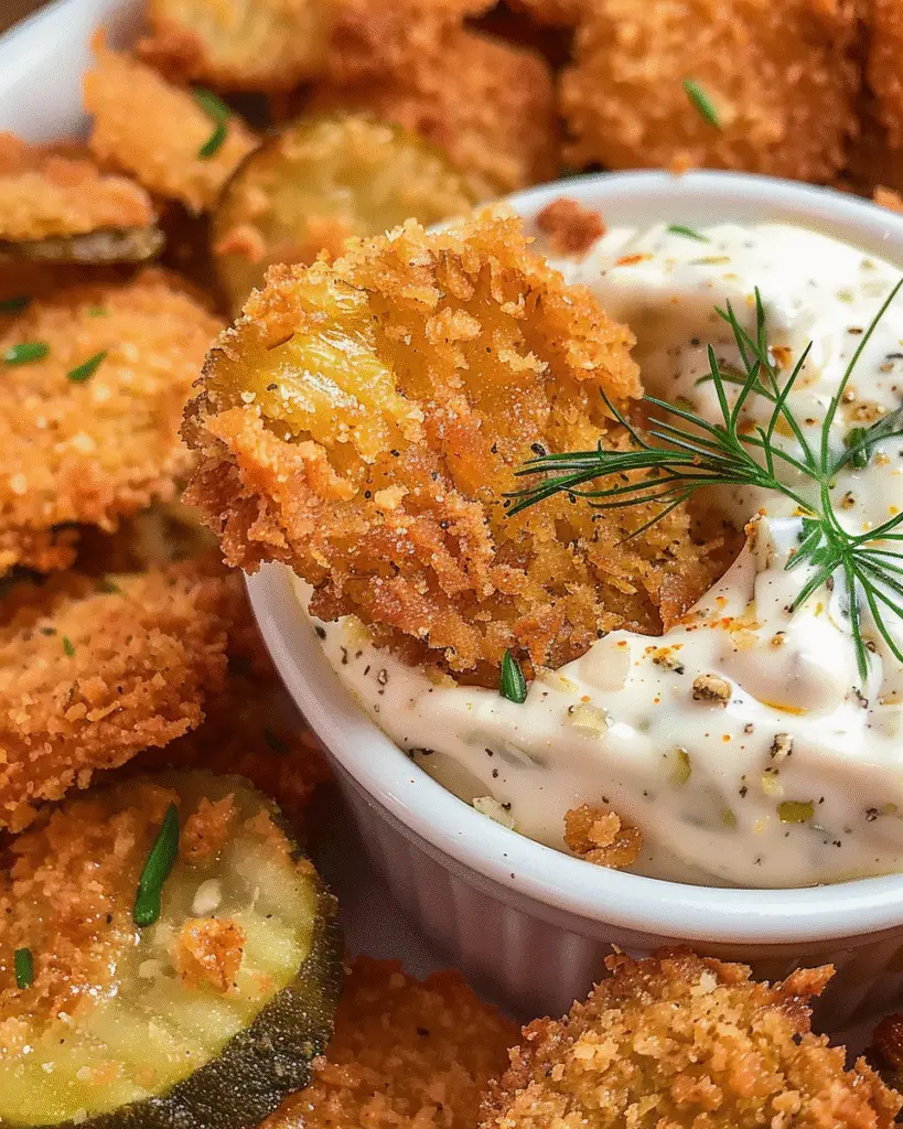 Close-up of a crispy fried pickle being dipped into a creamy herb sauce, surrounded by other fried pickle slices.