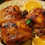 Close-up of roasted Cornish hens glazed with a shiny orange sauce, garnished with black pepper, parsley, and fresh orange slices.