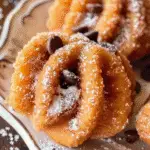 Close-up of pumpkin spice truffles shaped like rosettes, topped with chocolate chips and powdered sugar.