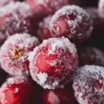 Close-up of fresh cranberries coated in sparkling sugar crystals.