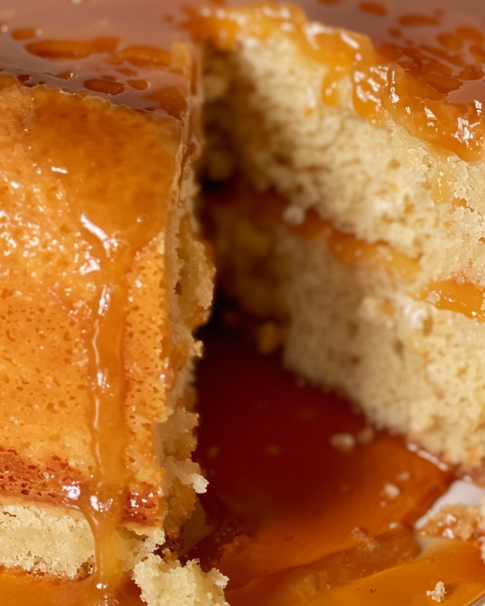 A thick slice of sweet potato pound cake topped with creamy caramel glaze, dripping down the sides onto a white plate.