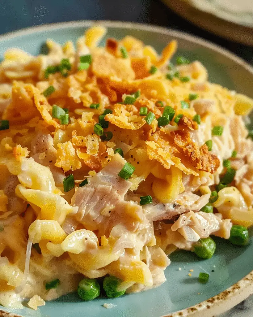 Creamy tuna noodle casserole with green peas, shredded tuna, egg noodles, crispy potato chip topping, and chopped chives on a blue plate.