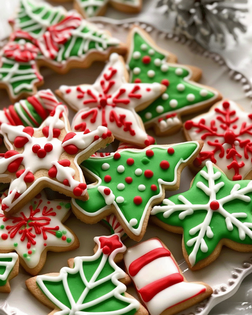Festively decorated Christmas sugar cookies in the shapes of trees, stars, snowflakes, and stockings, adorned with red, green, and white royal icing.