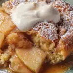 Close-up of apple dump cake topped with whipped cream and powdered sugar on a plate.