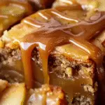 Close-up of gooey apple blondies topped with a thick maple glaze and drizzled caramel.