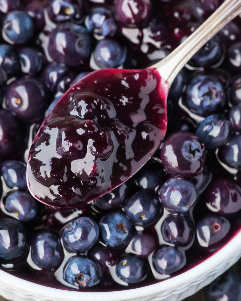 Spoonful of thick blueberry compote held above a bowl filled with whole blueberries.