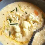 Bowl of creamy cauliflower soup garnished with cauliflower florets, fresh herbs, black pepper, and a drizzle of olive oil.