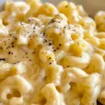 Close-up of creamy macaroni and cheese topped with cracked black pepper, served in a white bowl.