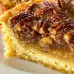Close-up of a slice of Lazy Daisy Oatmeal Cake topped with caramelized pecans on a white plate.