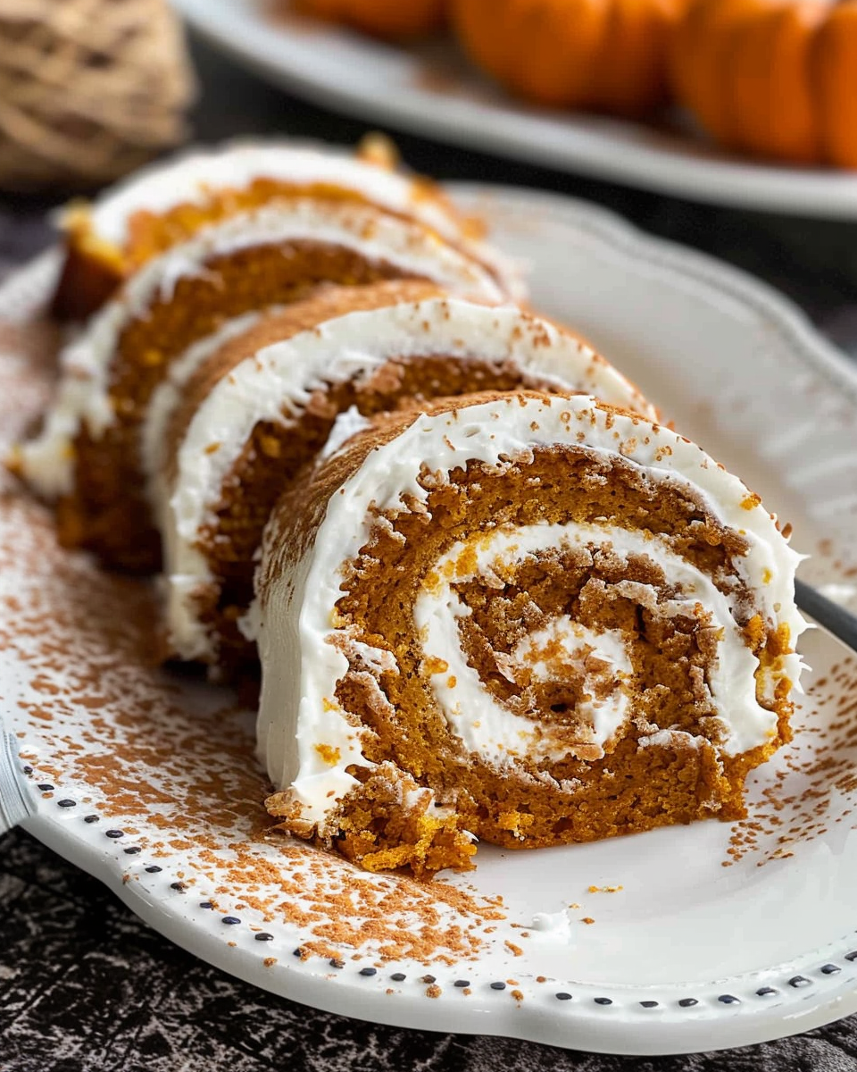 Sliced pumpkin roll cake with cream cheese filling on a decorative white platter, dusted with cinnamon.