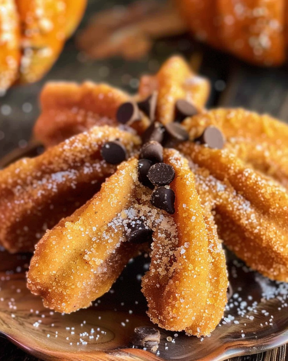 Pumpkin spice truffle piped in a star shape, coated in sugar and topped with chocolate chips on a decorative plate.