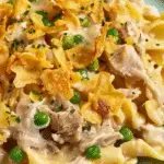 Close-up of tuna casserole with egg noodles, green peas, shredded tuna, creamy sauce, and crispy potato chip topping.