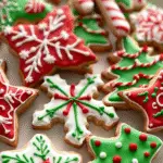 Assorted Christmas-themed vanilla almond sugar cookies decorated with red, white, and green royal icing in festive shapes like stars, snowflakes, candy canes, and Christmas trees.