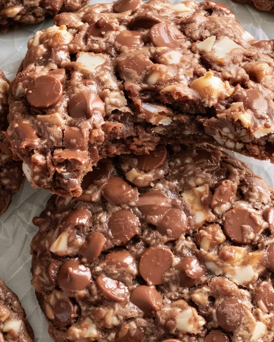 Close-up of chocolate chip cookies loaded with milk chocolate chips and macadamia nuts, with one cookie partially eaten.