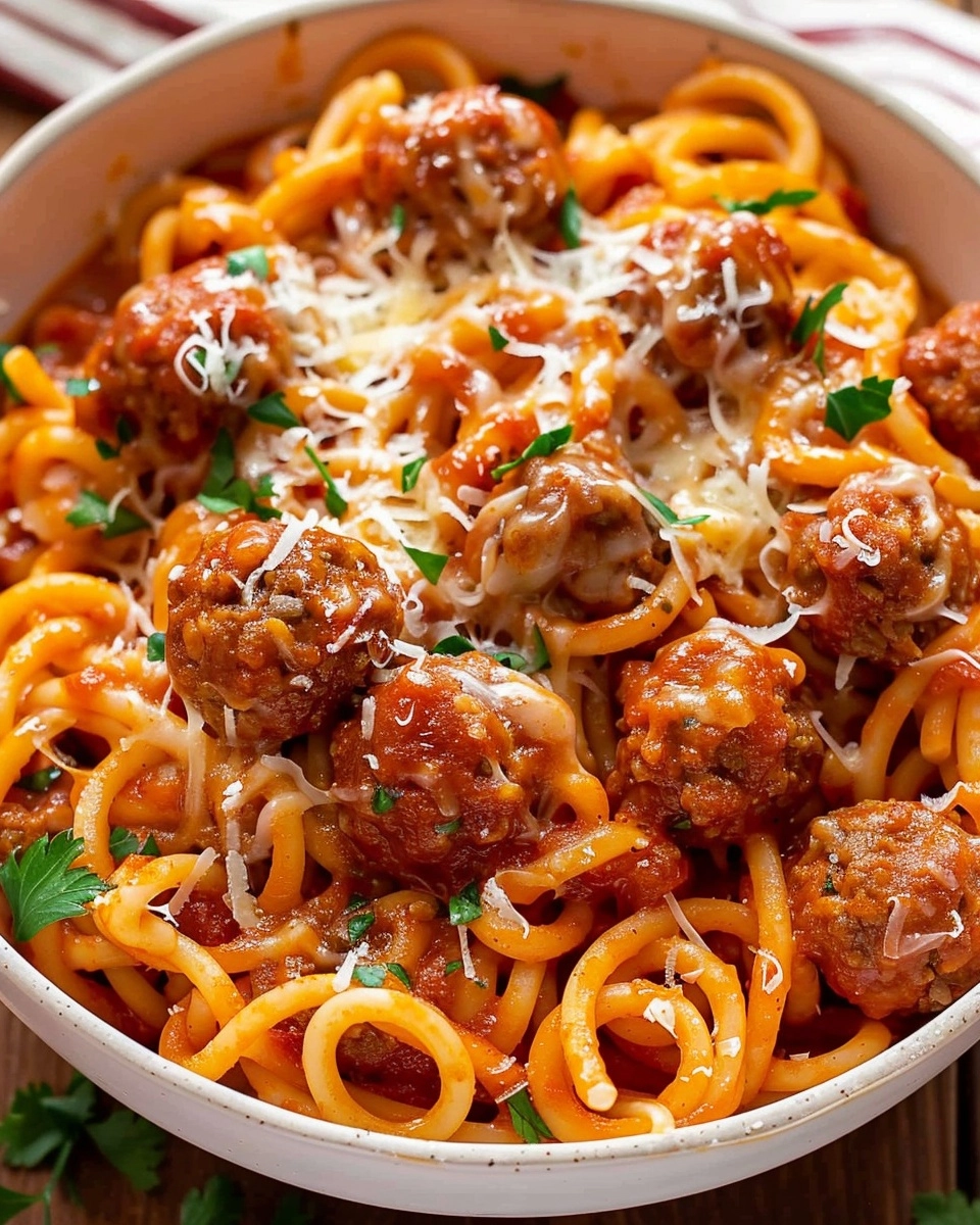 Homemade One Pot Spaghettios and Meatballs Recipe - Recipe Image