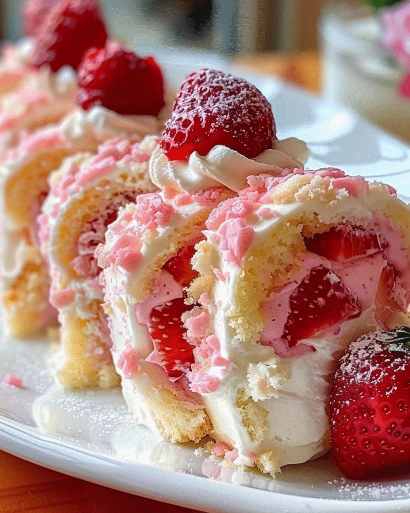 Rows of strawberry shortcake cheesecake rolls filled with fresh strawberries and pink cream, topped with whipped cream, pink crumbles, and whole strawberries dusted with powdered sugar.