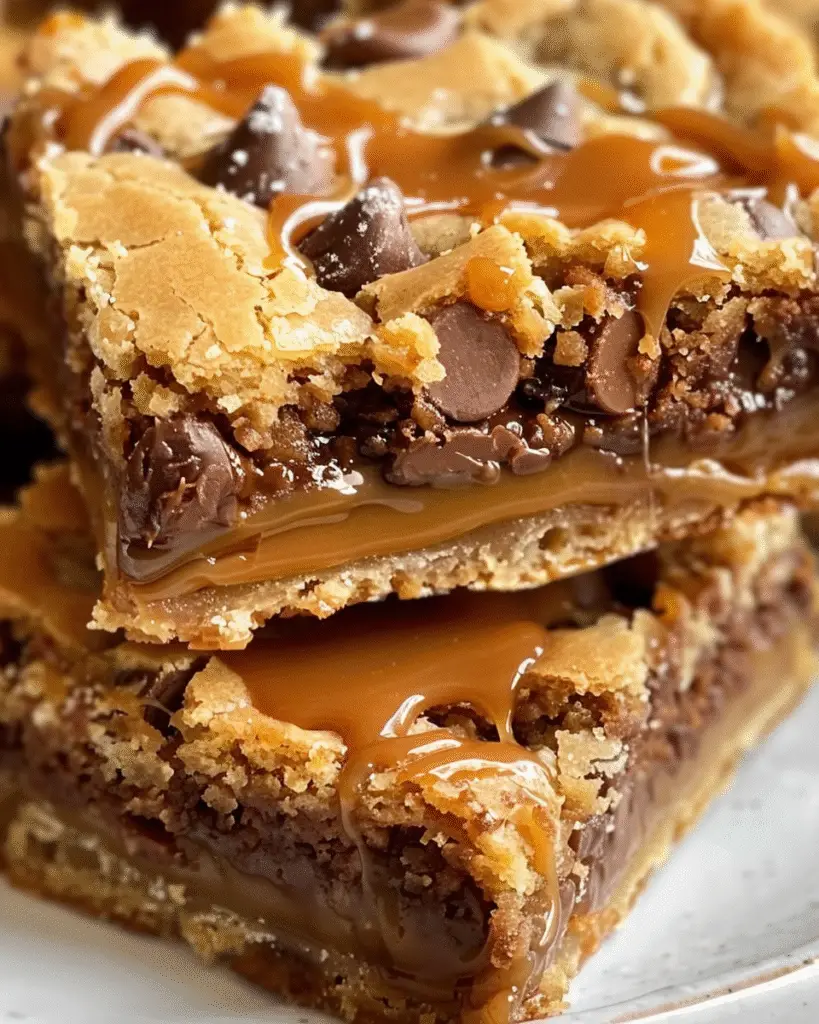 Stack of thick salted caramel chocolate chip cookie bars oozing with layers of gooey caramel and melted chocolate chips inside a golden, chewy cookie crust.