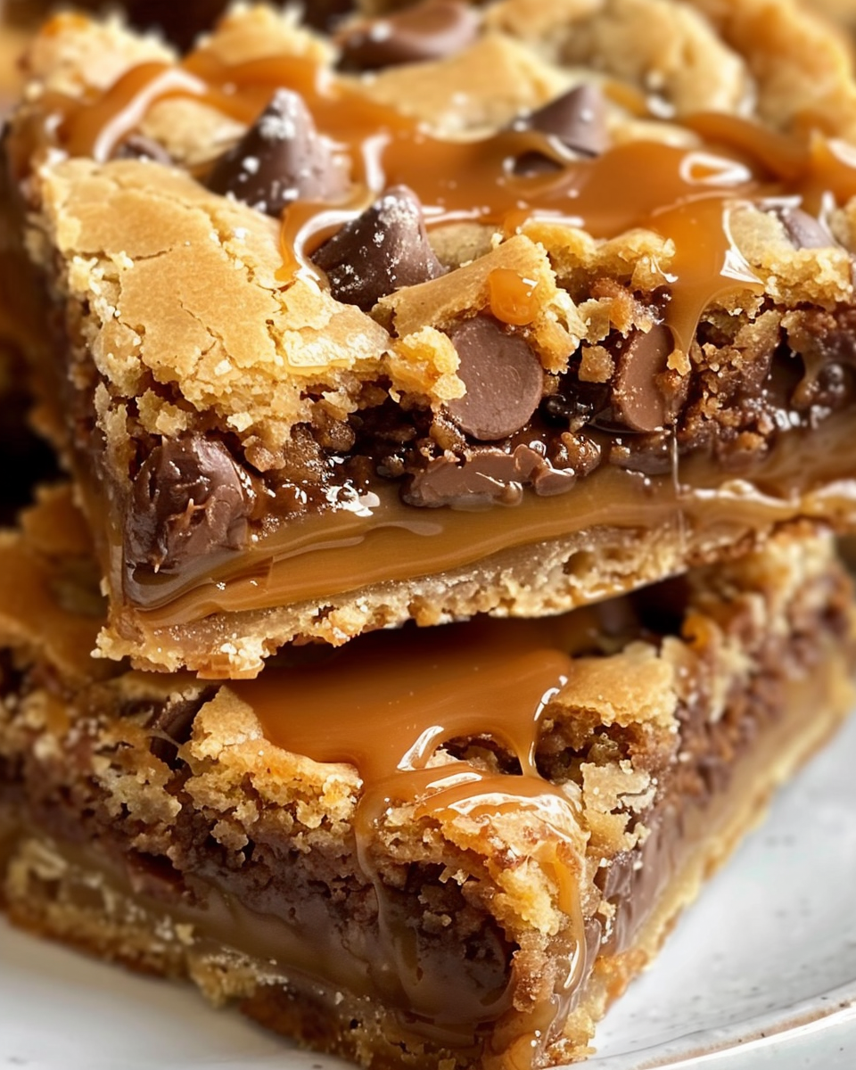 Stack of thick salted caramel chocolate chip cookie bars oozing with layers of gooey caramel and melted chocolate chips inside a golden, chewy cookie crust.